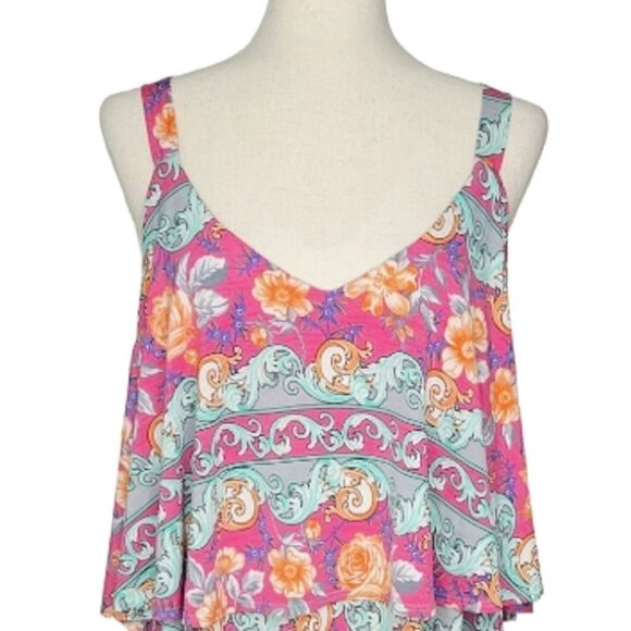 Watermelon Pink Floral Scoop V-neck Yoke Detail Sleeveless Dress Size 1X - Picture 5 of 8